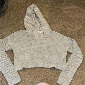 Gray Knit v neck Cropped Hoodie